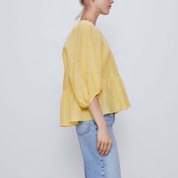 NWT Zara Swiss Dot Volume Blouse Yellow Puffed Sleeve Sheer Blouse M - Picture 2 of 11